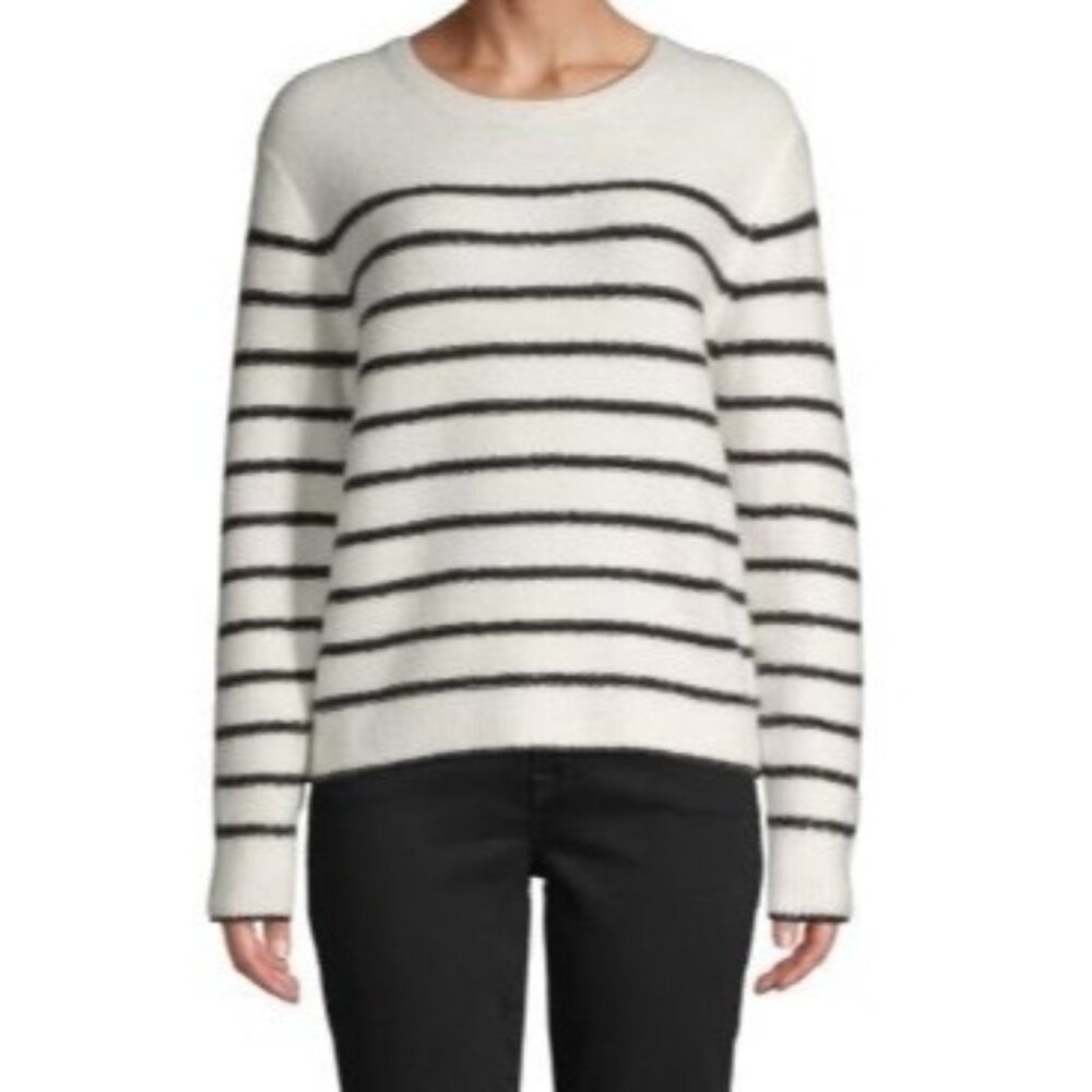 John + Jenn Womens Striped Long Sleeve Sweater Size XS XSmall Crew Neck White/Bl